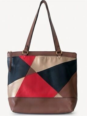 Fossil Leather Patchwork Shoulder Bag Tote Brown Black Multicolor